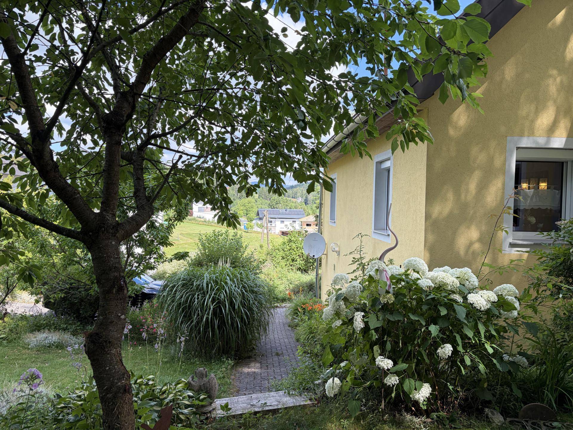 Seitenansicht des Hauses mit Gartenweg, umgeben von Bäumen und Sträuchern.