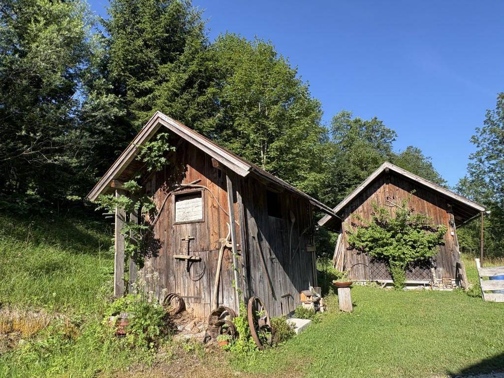 Zwei rustikale Holzschuppen im Grünen, umgeben von Bäumen und Wiesen.