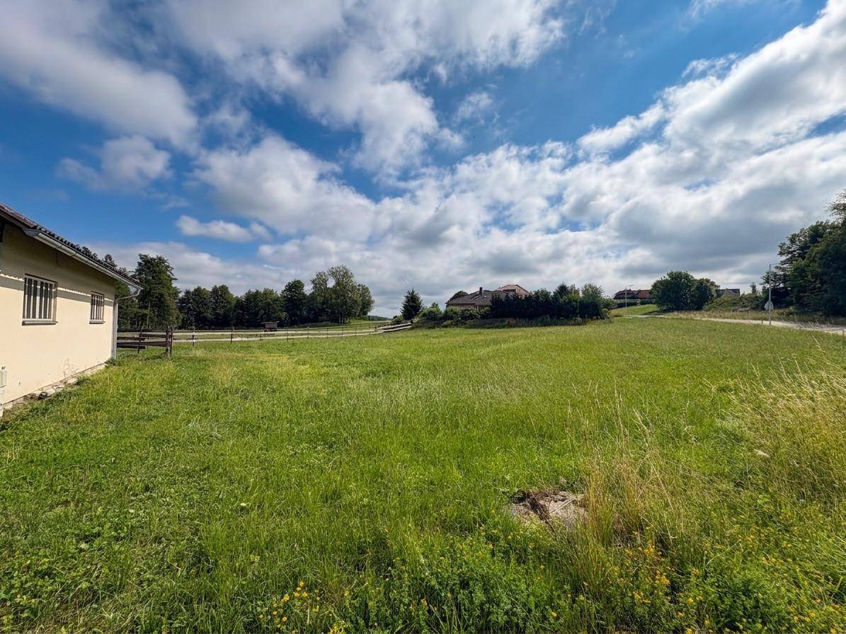 Blick über eine weite Wiese mit einem Gebäude im Vordergrund und einem weiteren Haus in der Ferne.