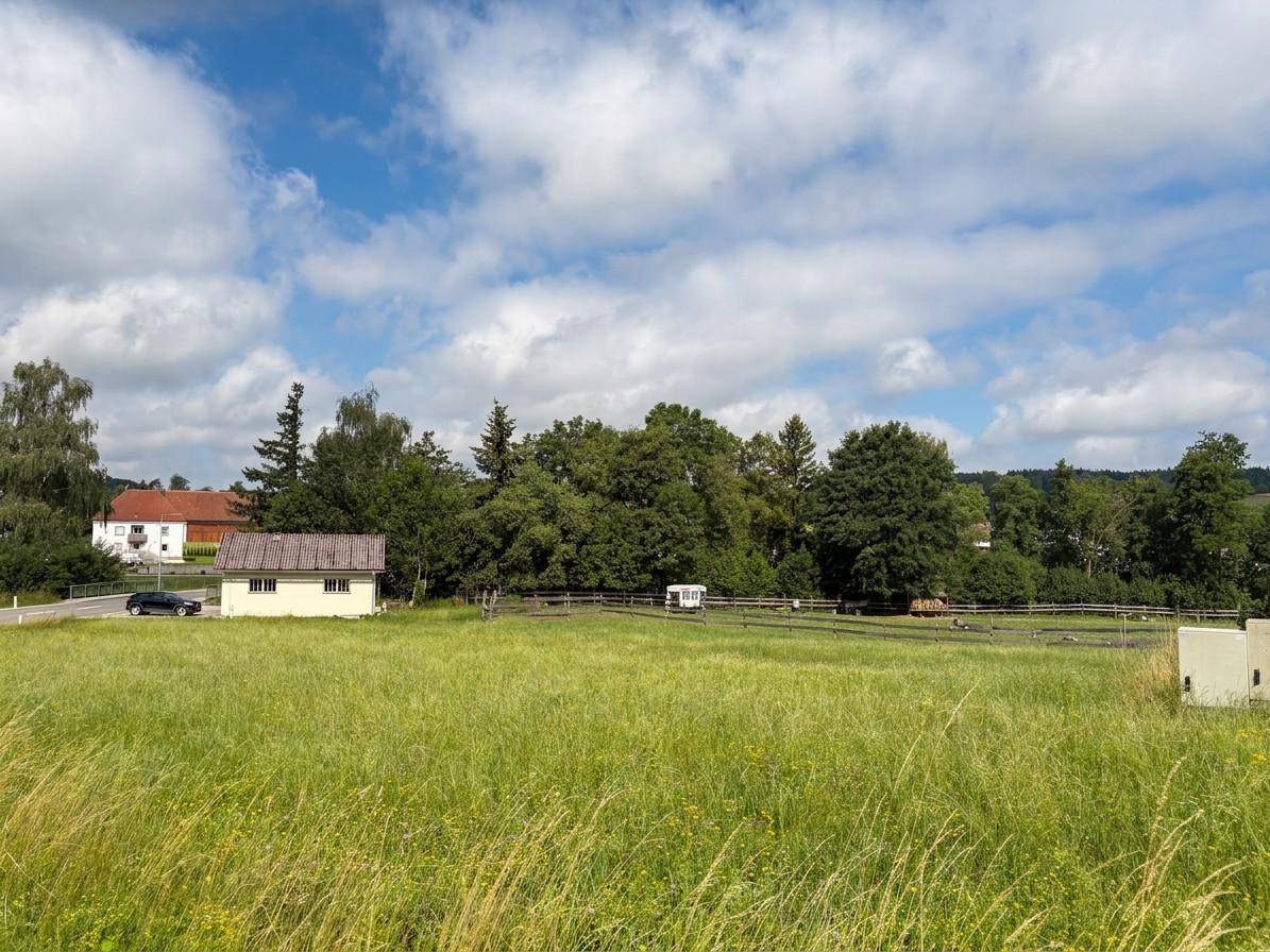 Weitläufige grüne Landschaft mit einem kleinen Nebengebäude, einem Auto und weiteren Häusern in der Ferne.