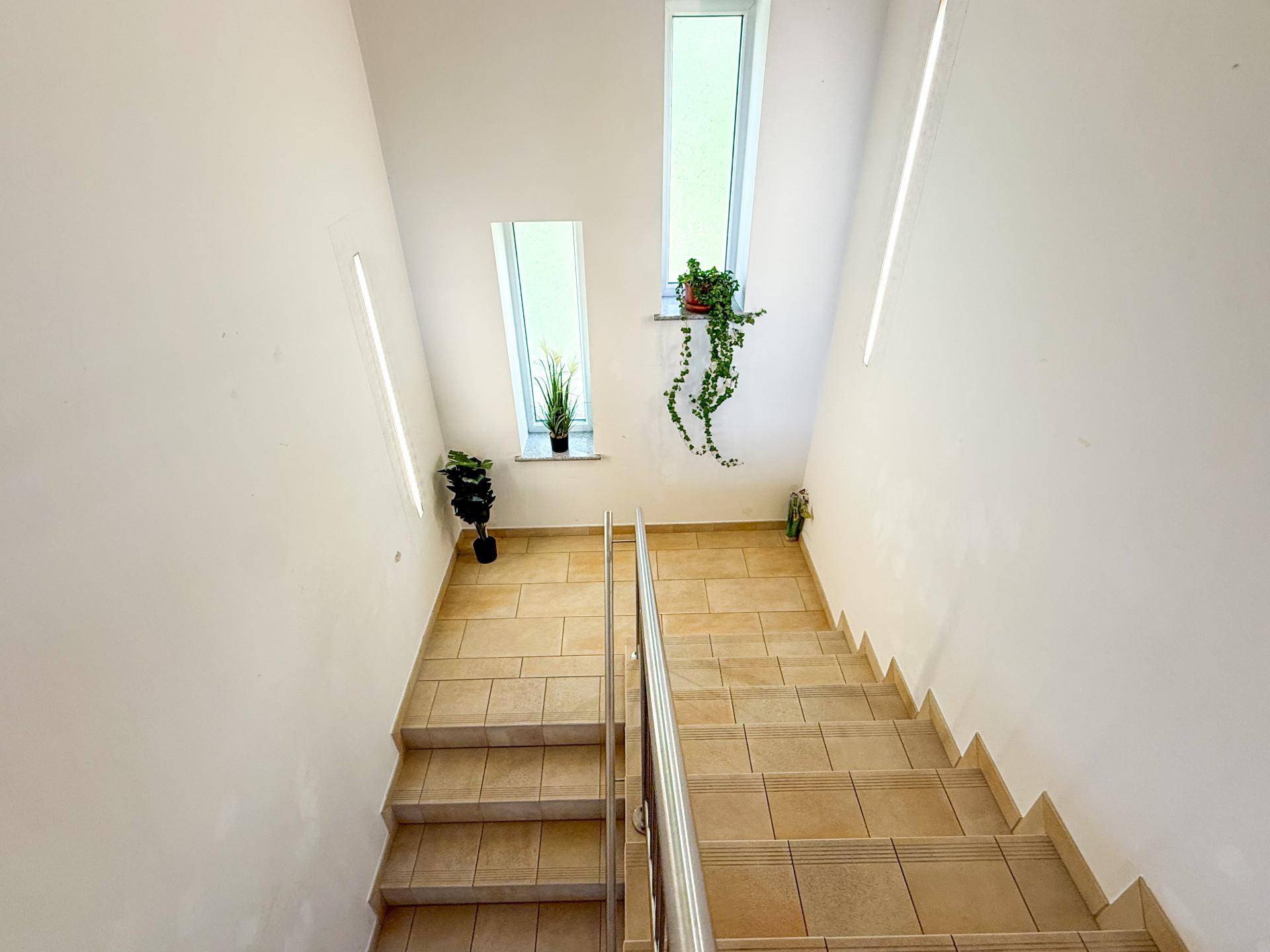 Heller Treppenaufgang mit Fliesenboden und schmalen Fenstern, die viel natürliches Licht hereinlassen.