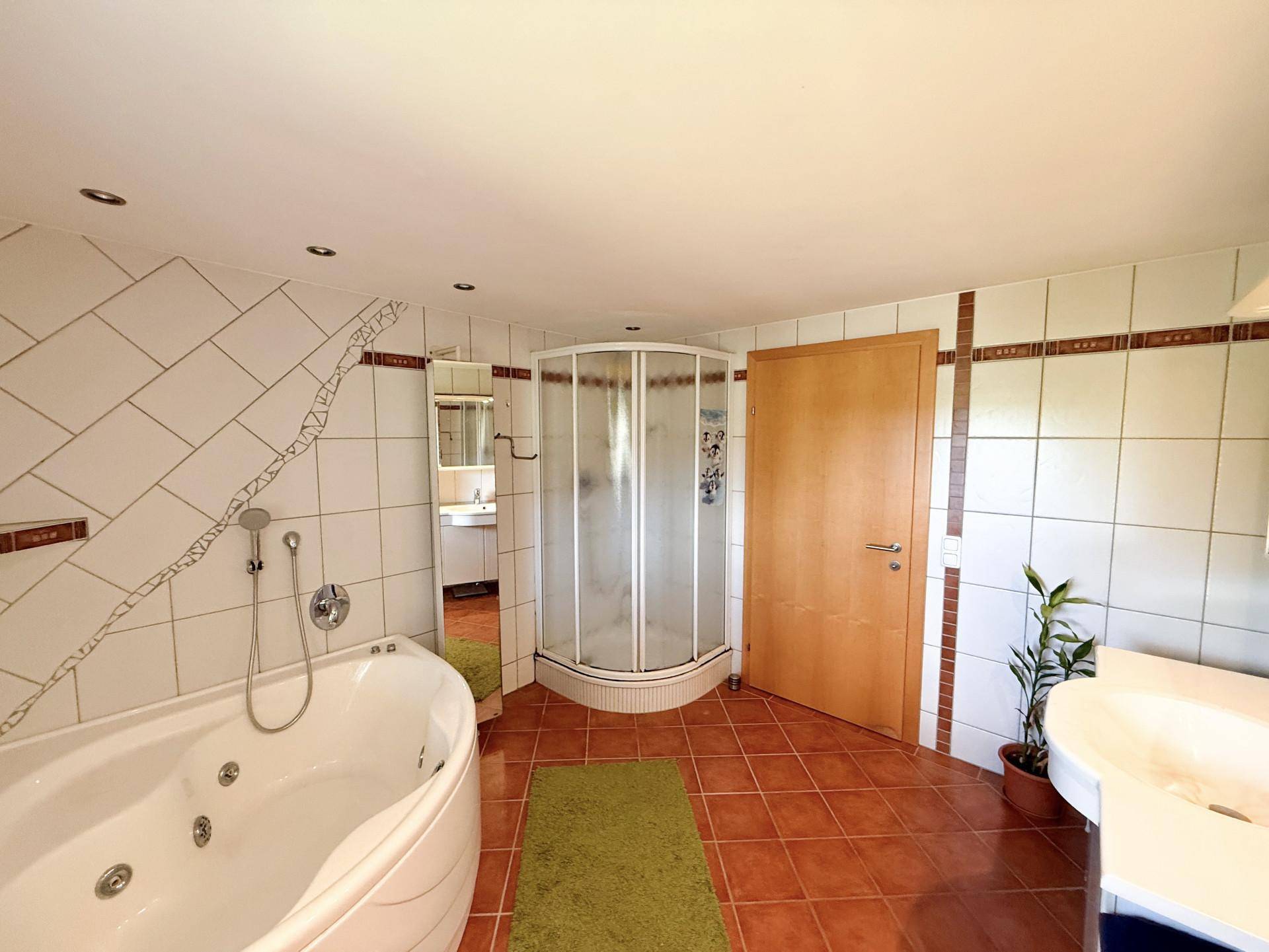 Geräumiges Badezimmer mit Whirlpool-Badewanne, Duschkabine und Terrakotta-Fliesen, modern und funktional.