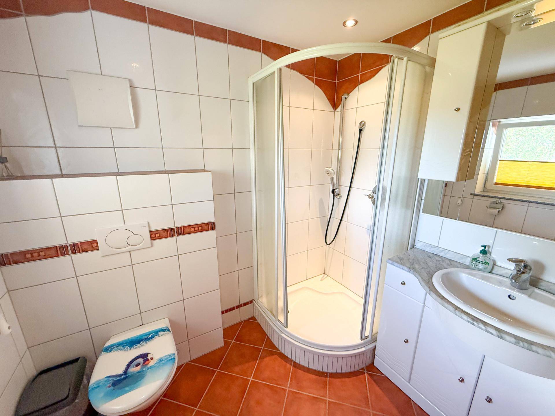 Badezimmer mit Duschkabine, WC und Waschbecken, ausgestattet mit Fliesen in Terrakotta-Farben und weißem Dekor.
