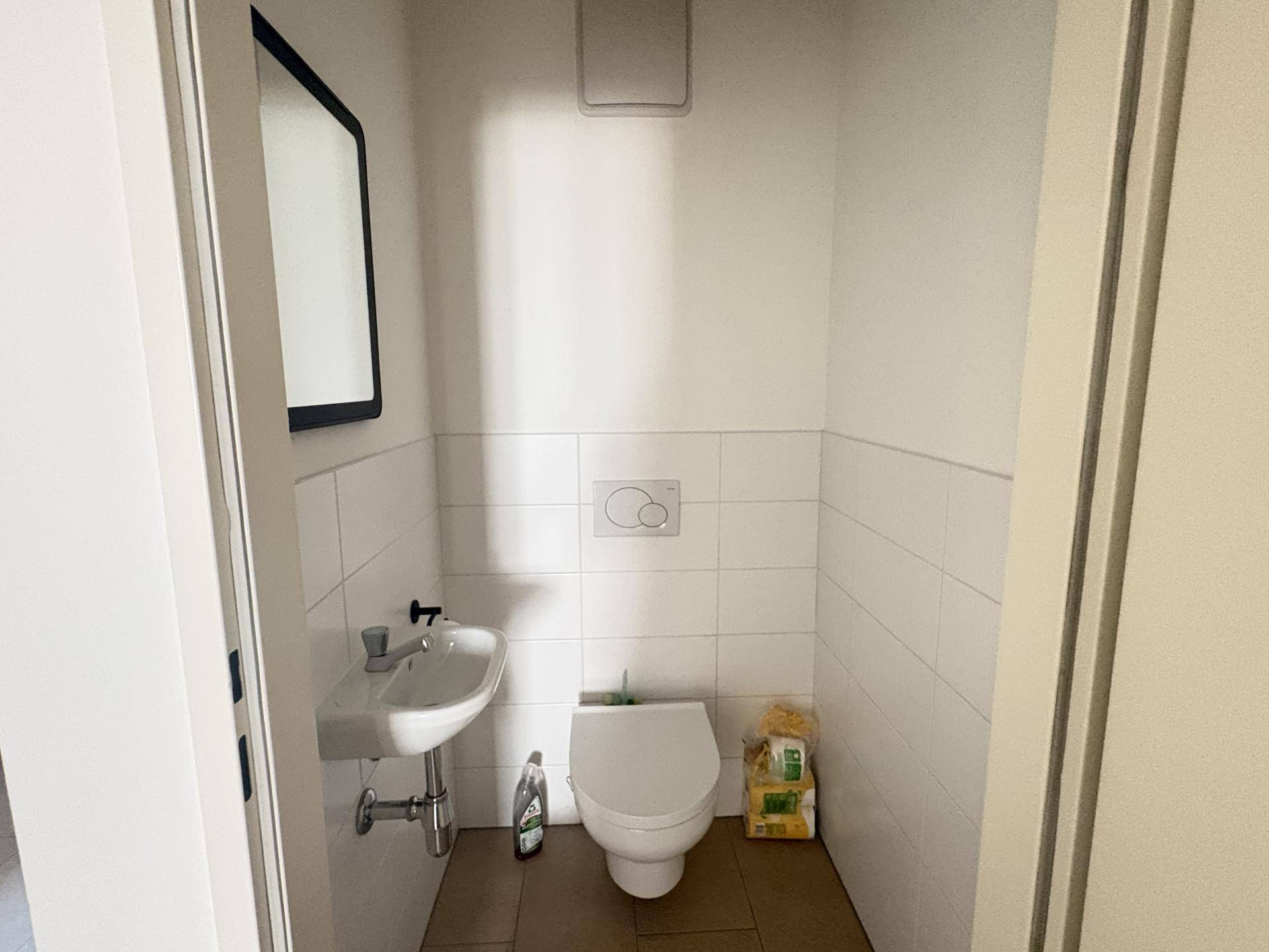 Kleines Gäste-WC mit Wand-WC, Handwaschbecken und einem modernen Spiegel.