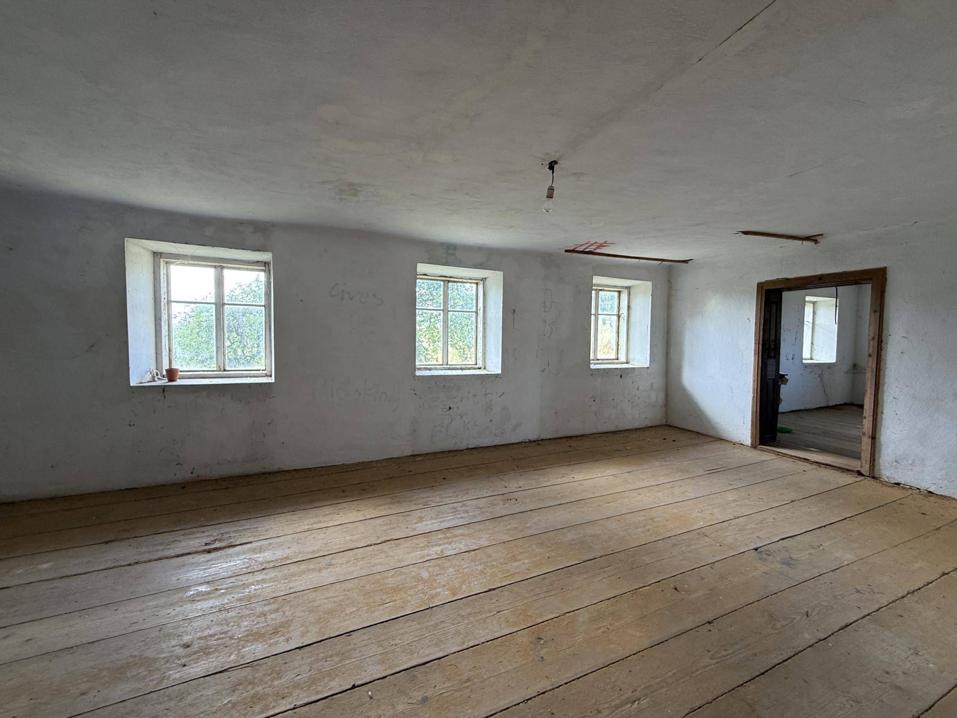 Geräumiger, heller Raum mit Holzdielenboden und mehreren Fenstern, ideal für eine Neugestaltung.