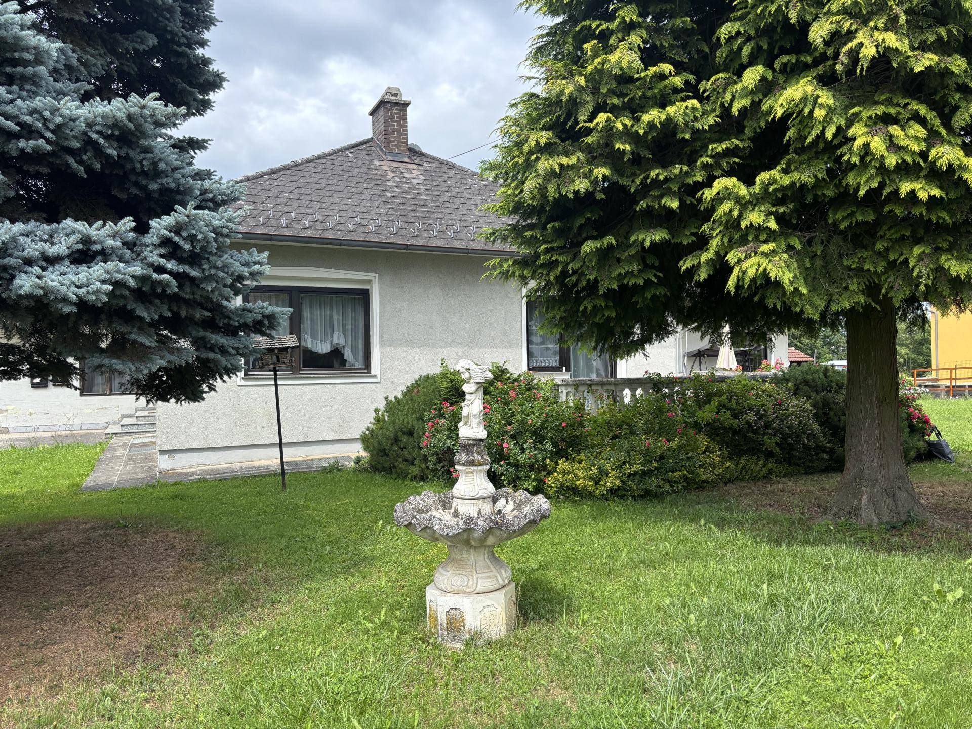 Dekorativer Gartenbrunnen umgeben von Bäumen und Sträuchern im Vorgarten des Hauses.