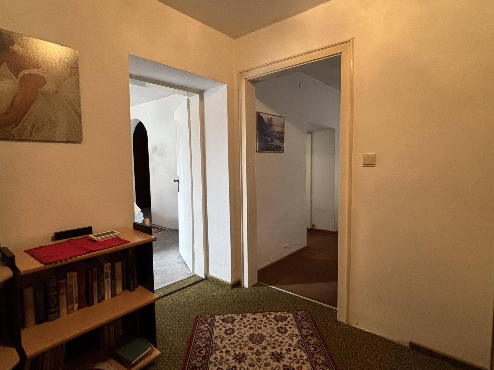 Flur mit Teppichboden und Zugang zu verschiedenen Räumen, mit Treppenaufgang im Hintergrund.