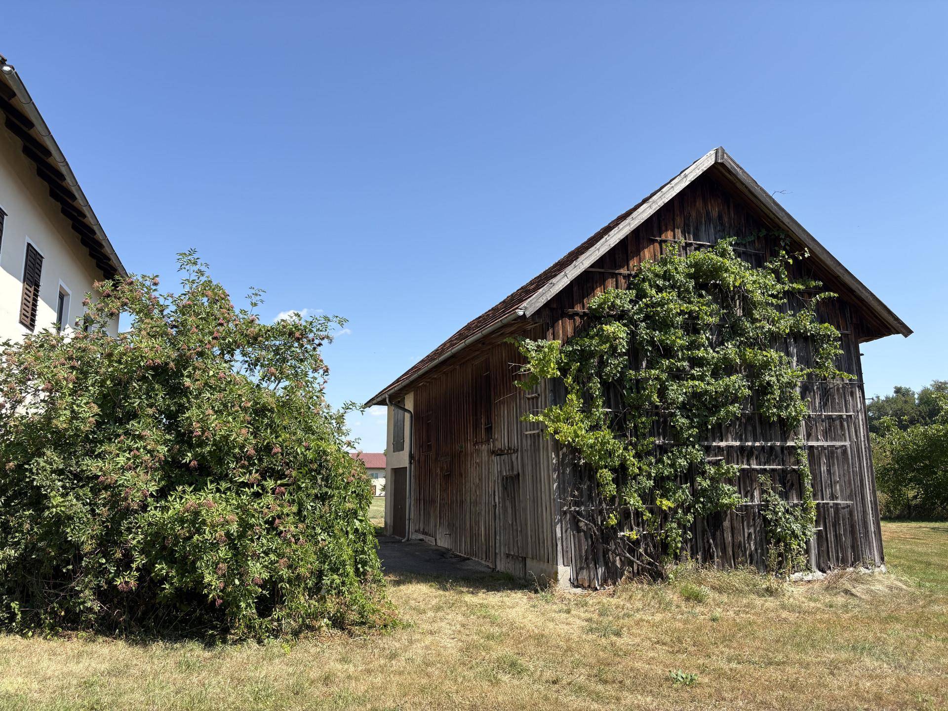 Rustikale Holzscheune mit bewachsenen Wänden neben einem Wohngebäude unter blauem Himmel.