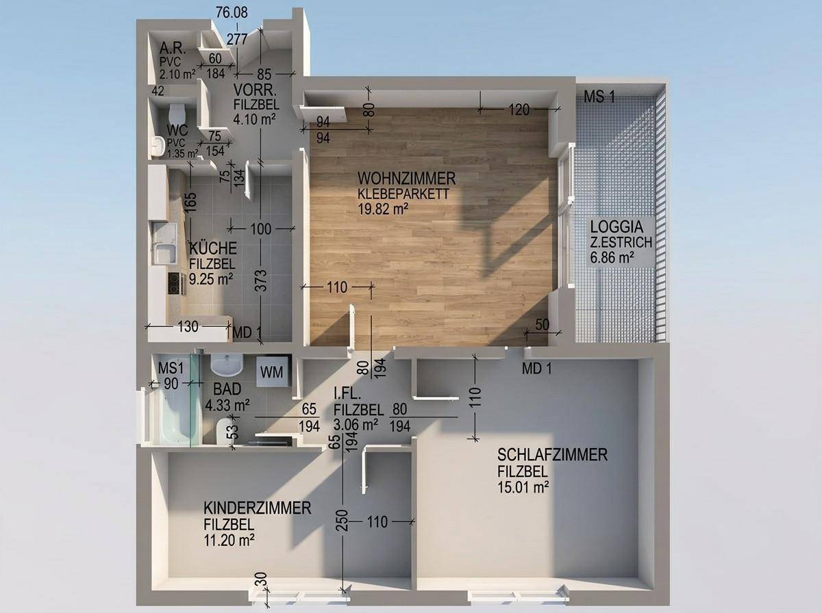 3D-Visualisierung eines Grundrisses mit möbliertem Wohnzimmer und Loggia.