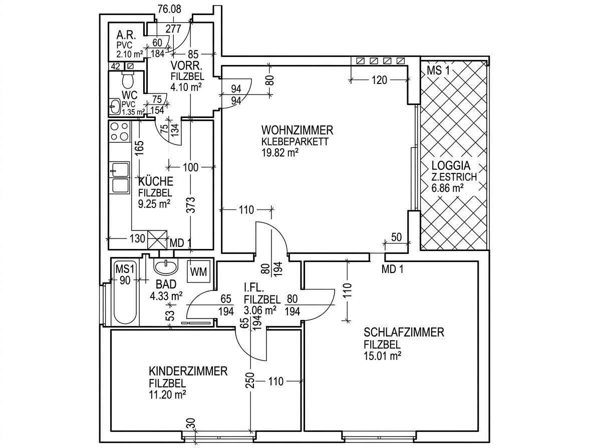 Detaillierter Grundriss einer Wohnung mit Wohnzimmer, Schlafzimmer, Kinderzimmer und Loggia.
