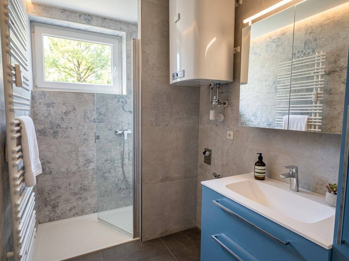 Modernes Badezimmer mit grauen Fliesen, blauem Waschtischunterschrank und begehbarer Dusche.