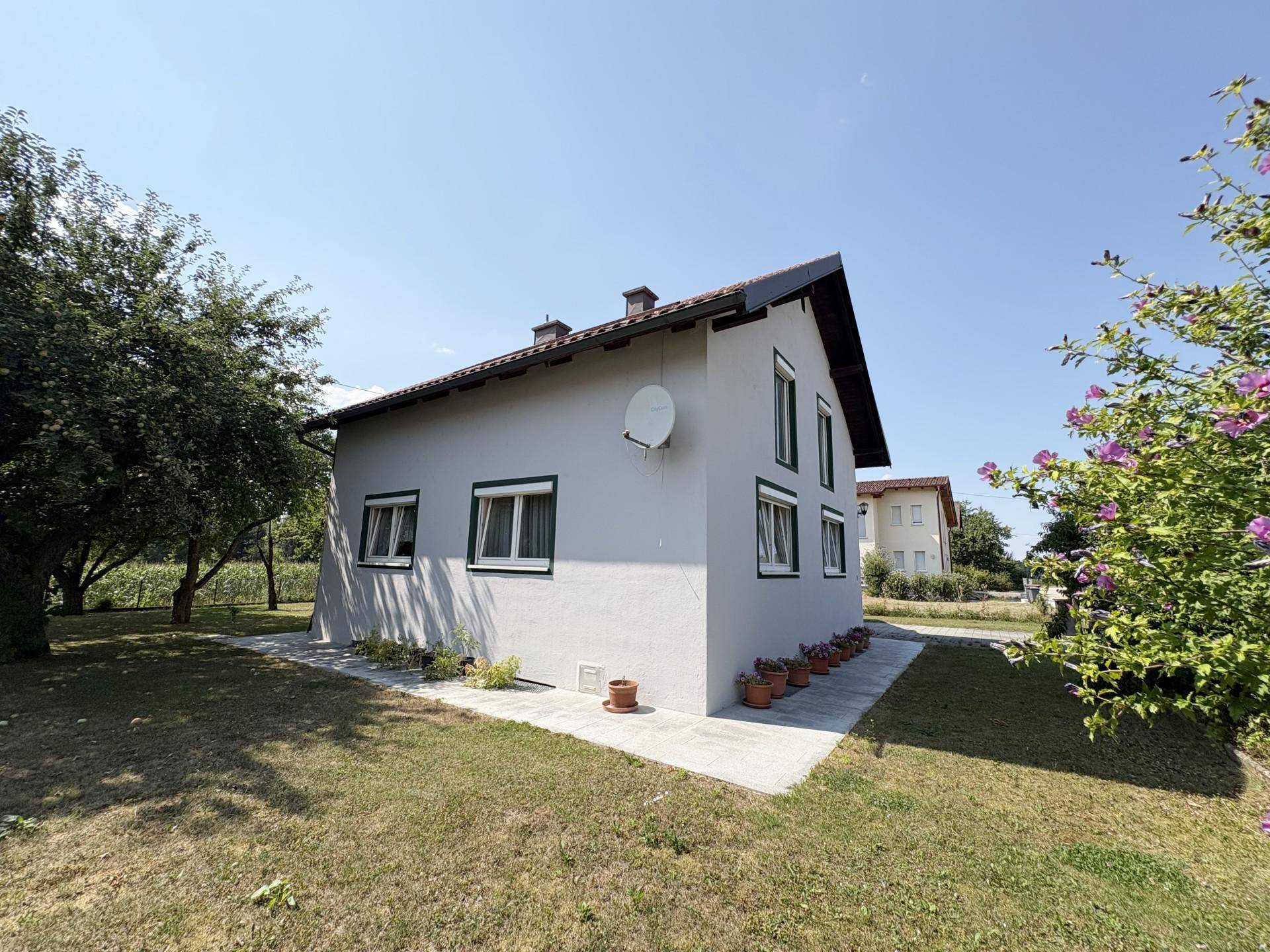 Rückansicht des Hauses mit weißer Fassade, grünen Fensterrahmen und gepflegtem Rasen unter blauem Himmel.