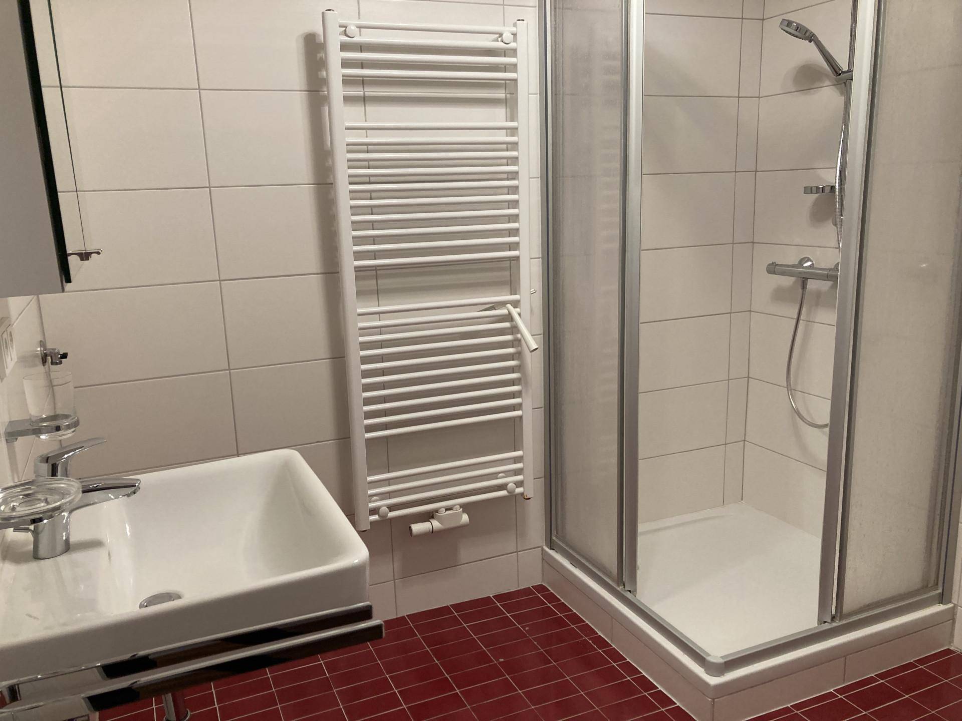 Helles Badezimmer mit Duschkabine, Waschbecken und beheiztem Handtuchhalter.