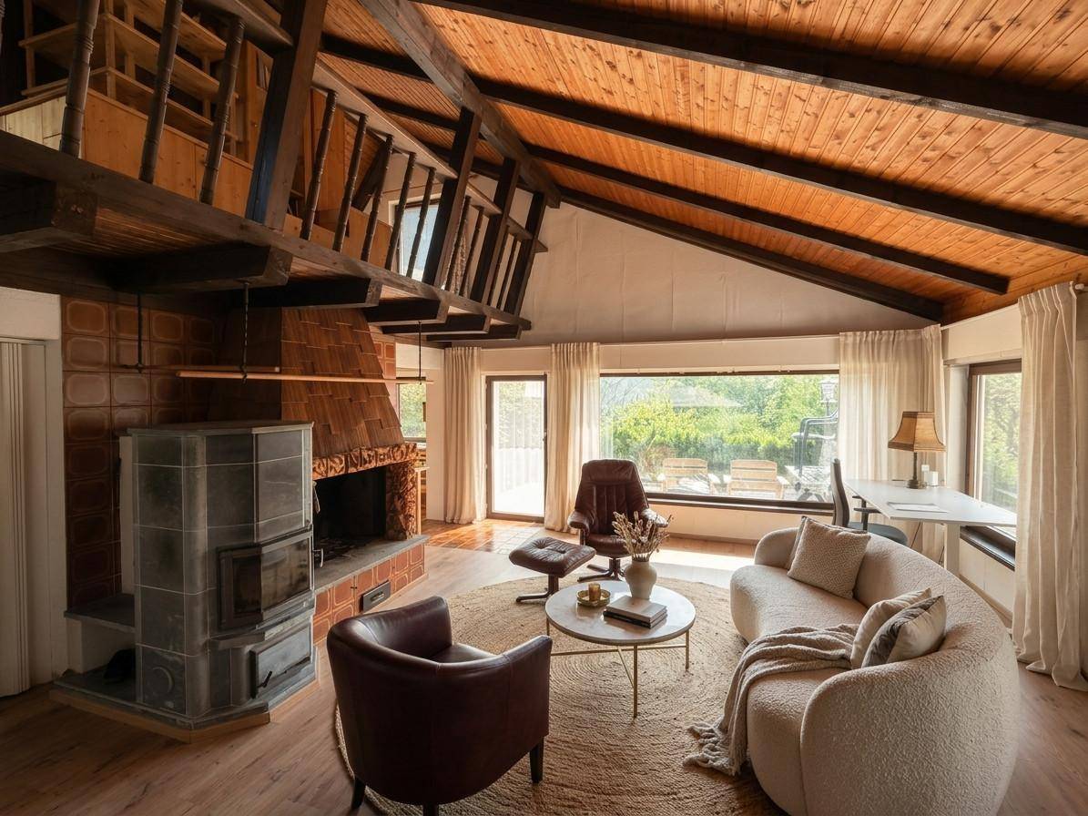 Rustikales Wohnzimmer mit Holzbalkendecke, Kachelofen und großen Fenstern mit Blick ins Grüne.