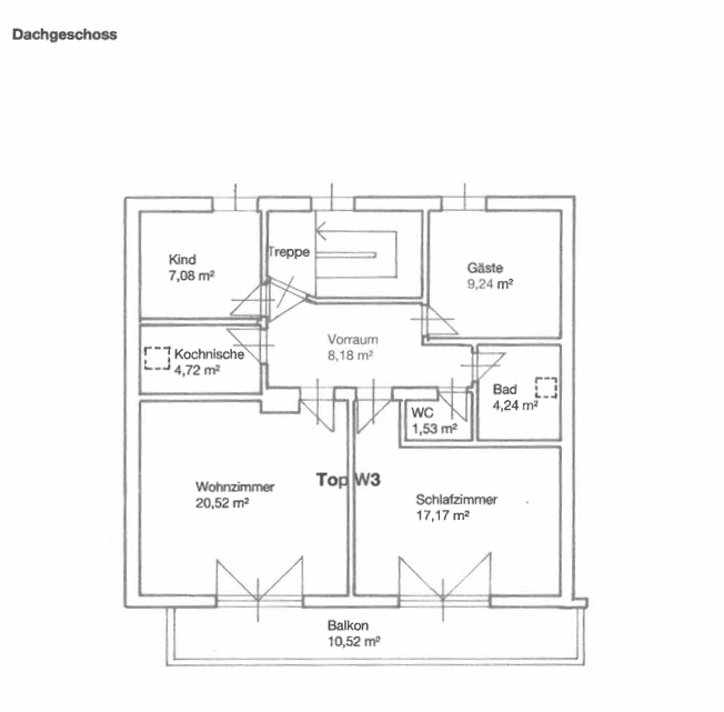 Grundriss des Dachgeschosses mit Wohnzimmer, Schlafzimmer, Kochnische und Balkon.