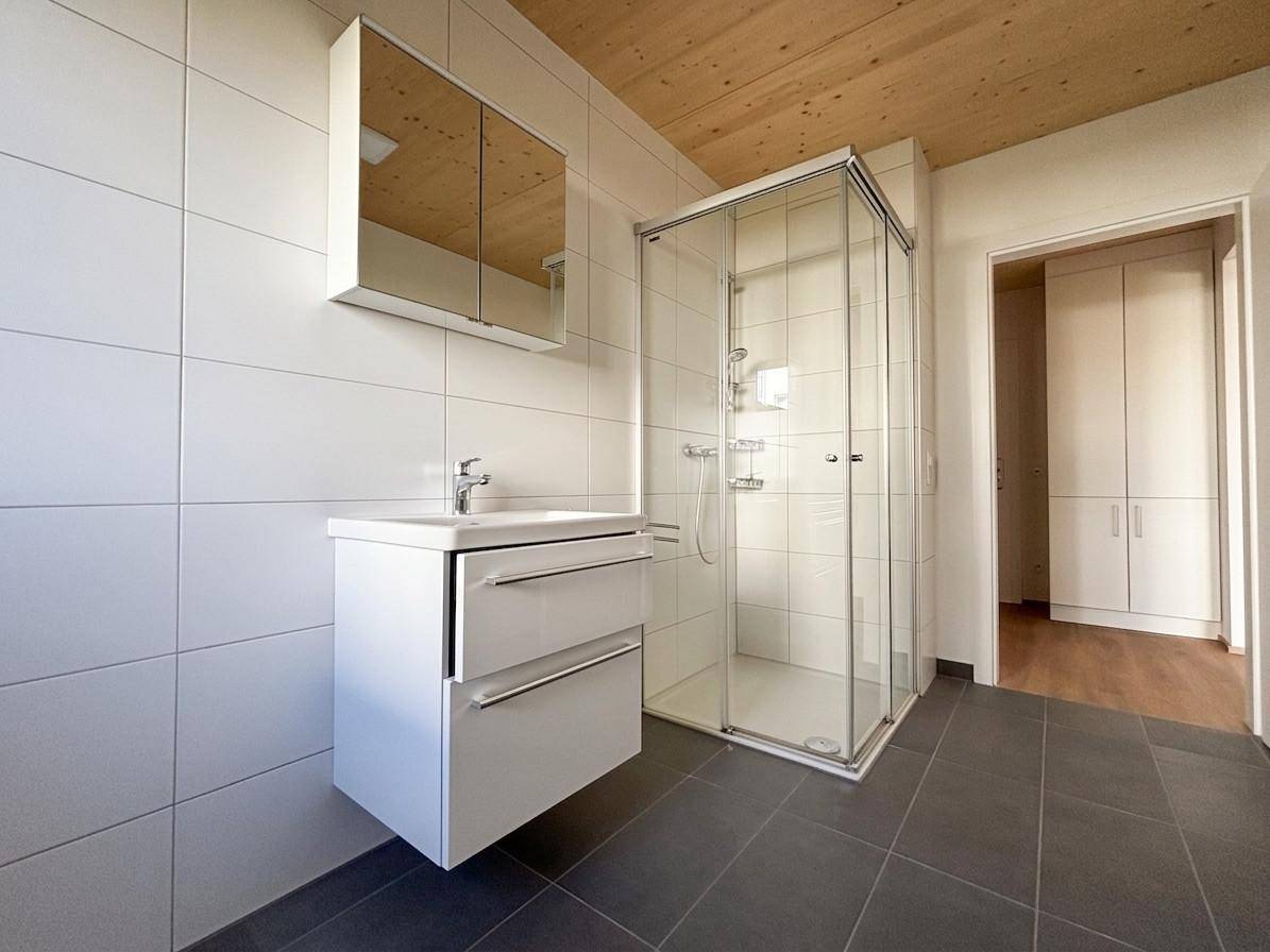 Modernes Badezimmer mit Duschkabine, Waschtisch und Spiegelschrank, hell gefliest.