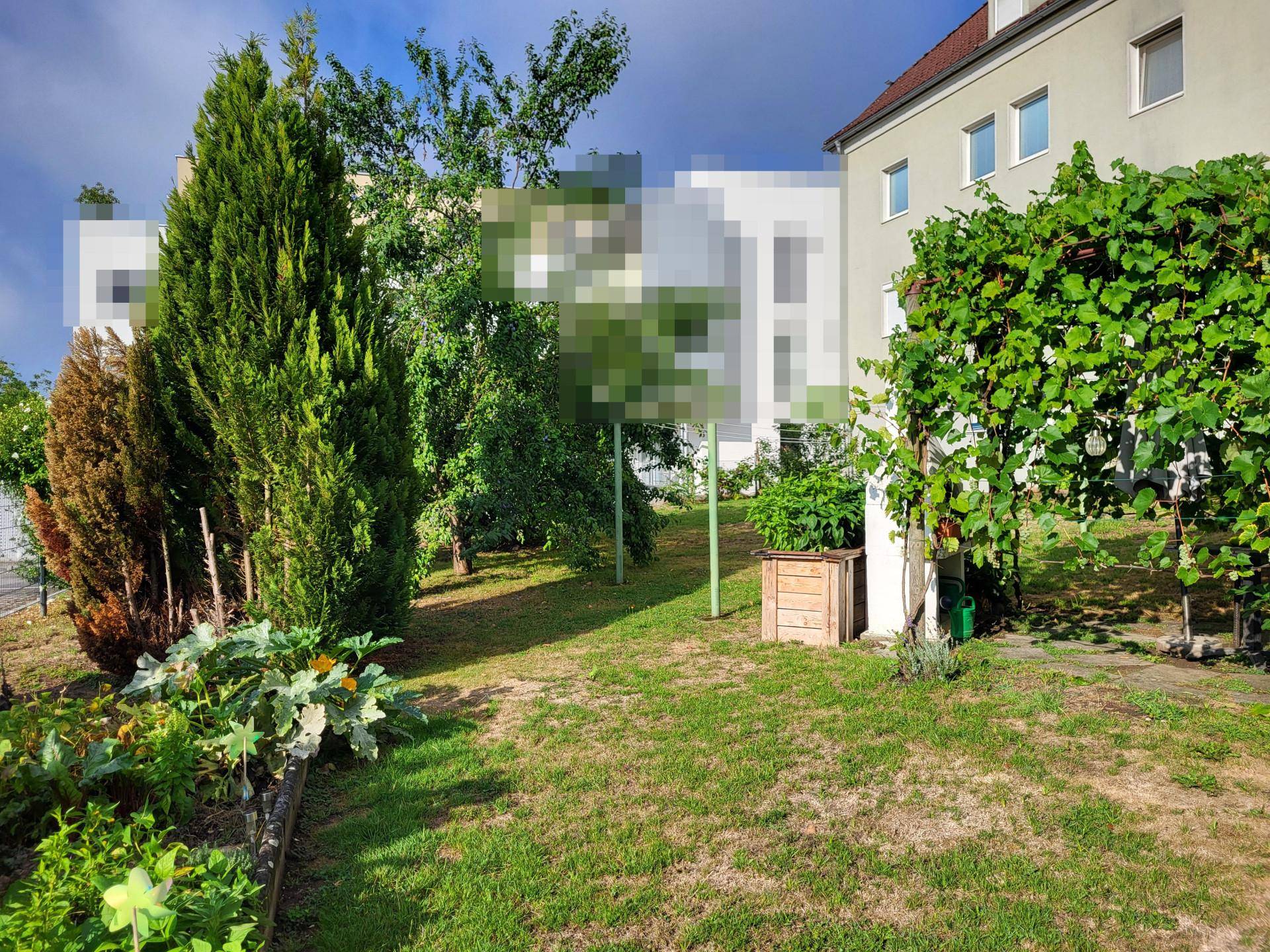 Gepflegter Garten mit verschiedenen Pflanzen, Rasenfläche und einem Hochbeet für den Eigenanbau.