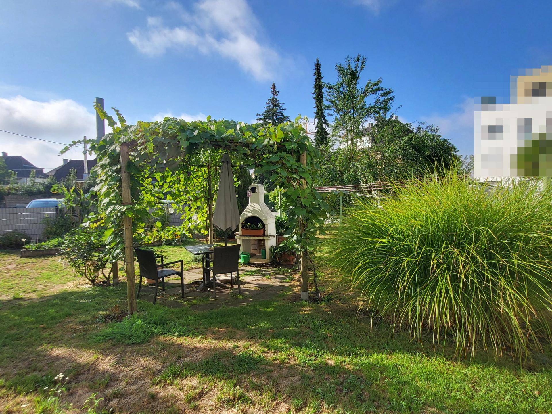 Gemütlicher Gartenbereich mit überdachter Sitzgelegenheit und einem Grillplatz, perfekt für gesellige Abende.