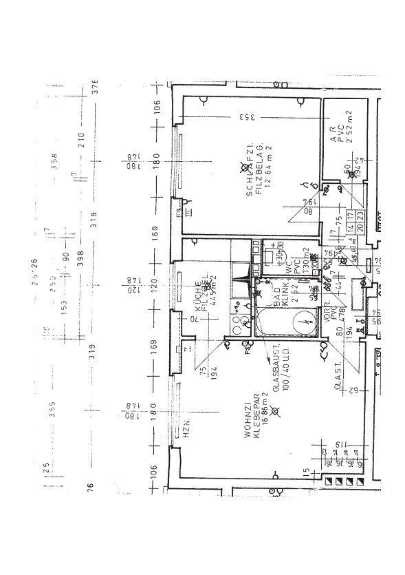 Grundriss einer Wohnung mit Wohnzimmer, Schlafzimmer, Küche und Bad.