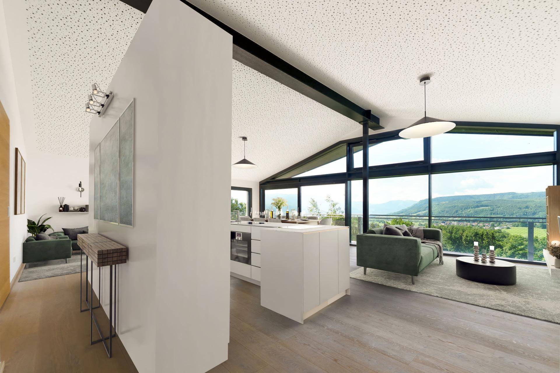 Offener Wohnbereich mit moderner Einrichtung, integrierter Küche und Panoramafenstern mit Landschaftsblick.