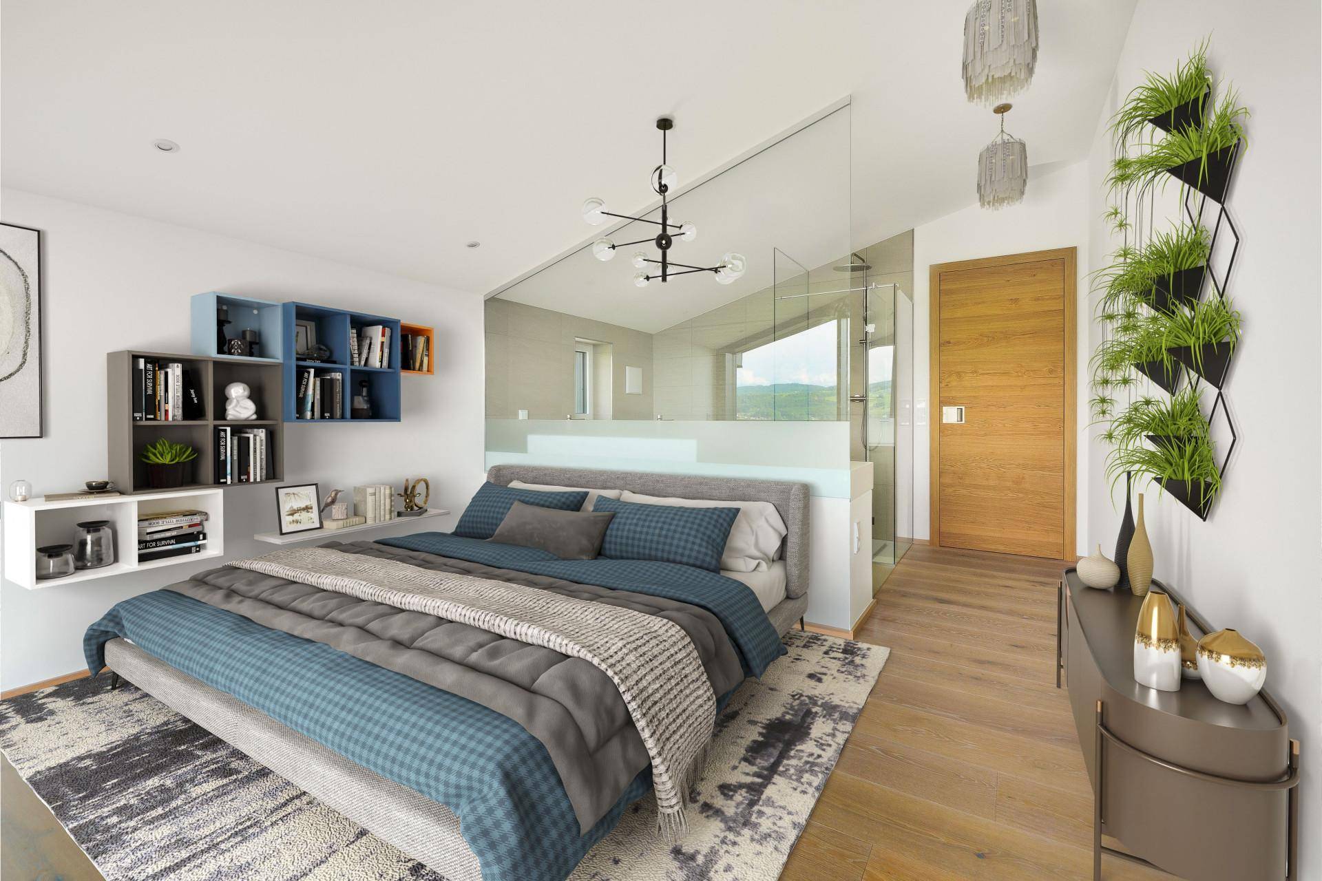 Modernes Schlafzimmer mit stilvoller Einrichtung, Holzboden und integriertem Badbereich hinter Glas.