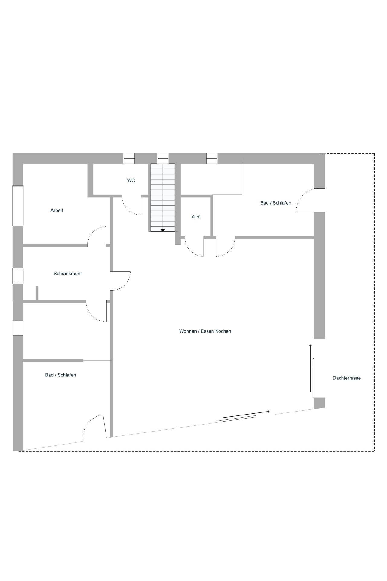 Grundriss des Erdgeschosses mit offenem Wohn-, Ess- und Kochbereich sowie Zugang zur Dachterrasse.