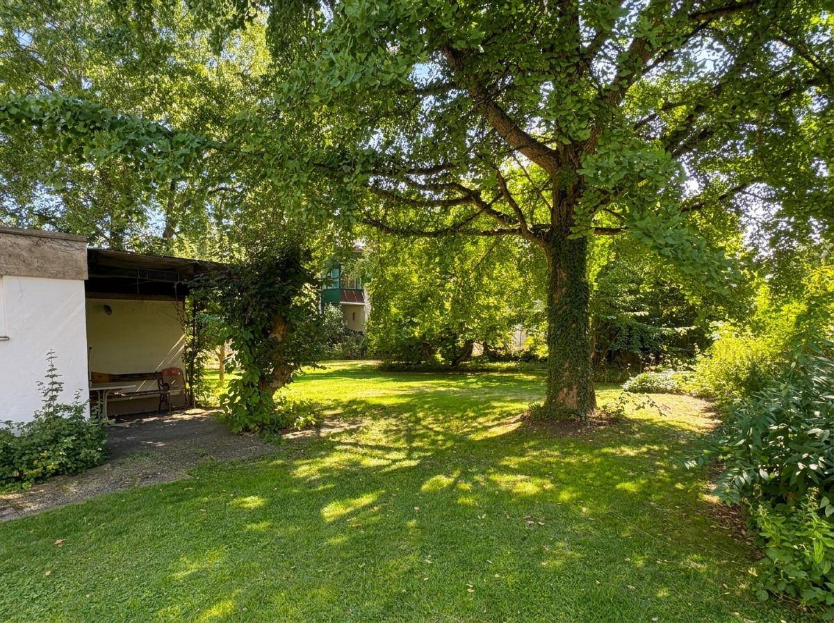 Großer, gepflegter Garten mit altem Baumbestand und überdachtem Sitzbereich.
