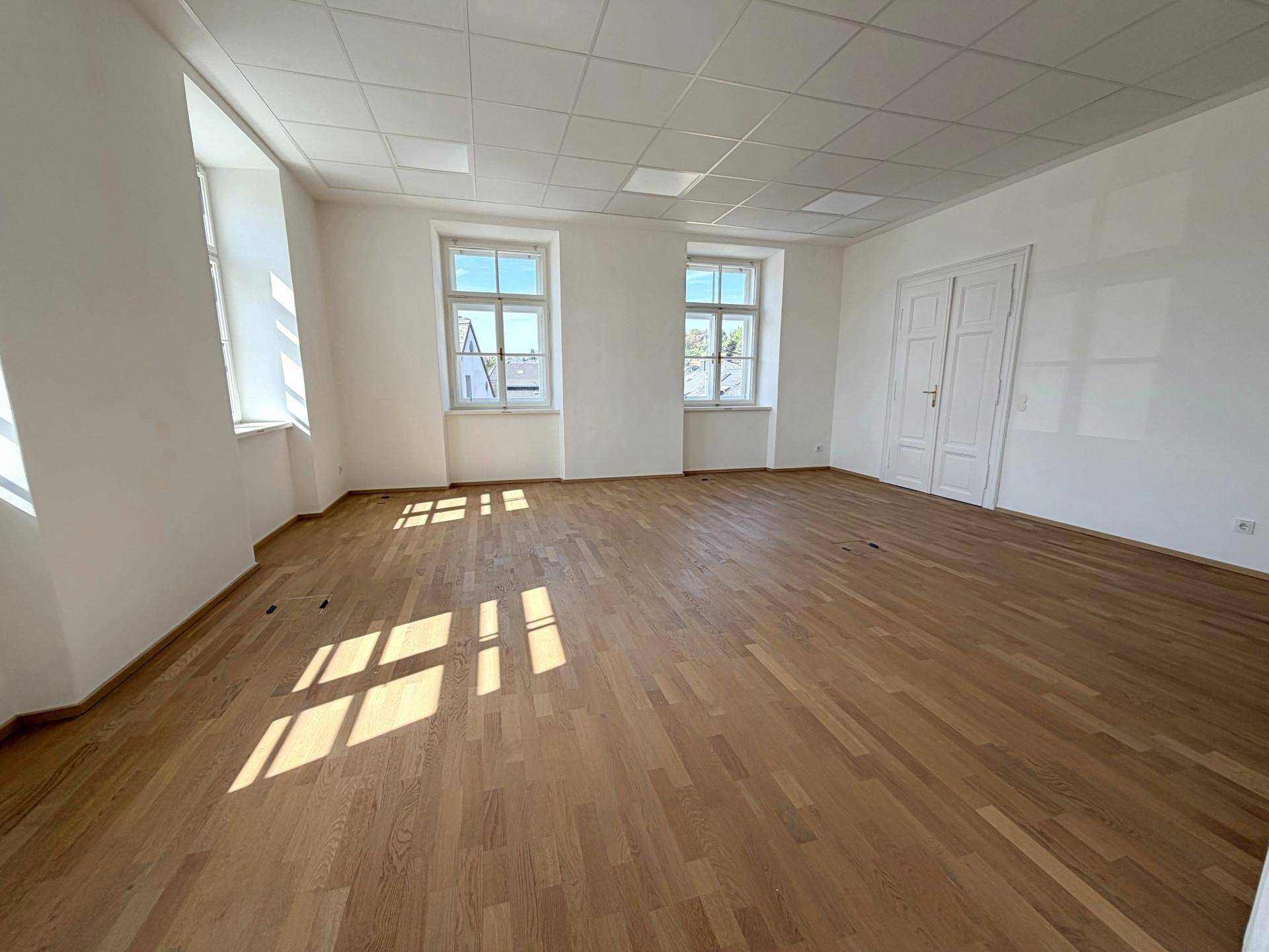 Heller, leerer Raum mit Holzboden und zwei großen Fenstern, die viel Tageslicht hereinlassen.