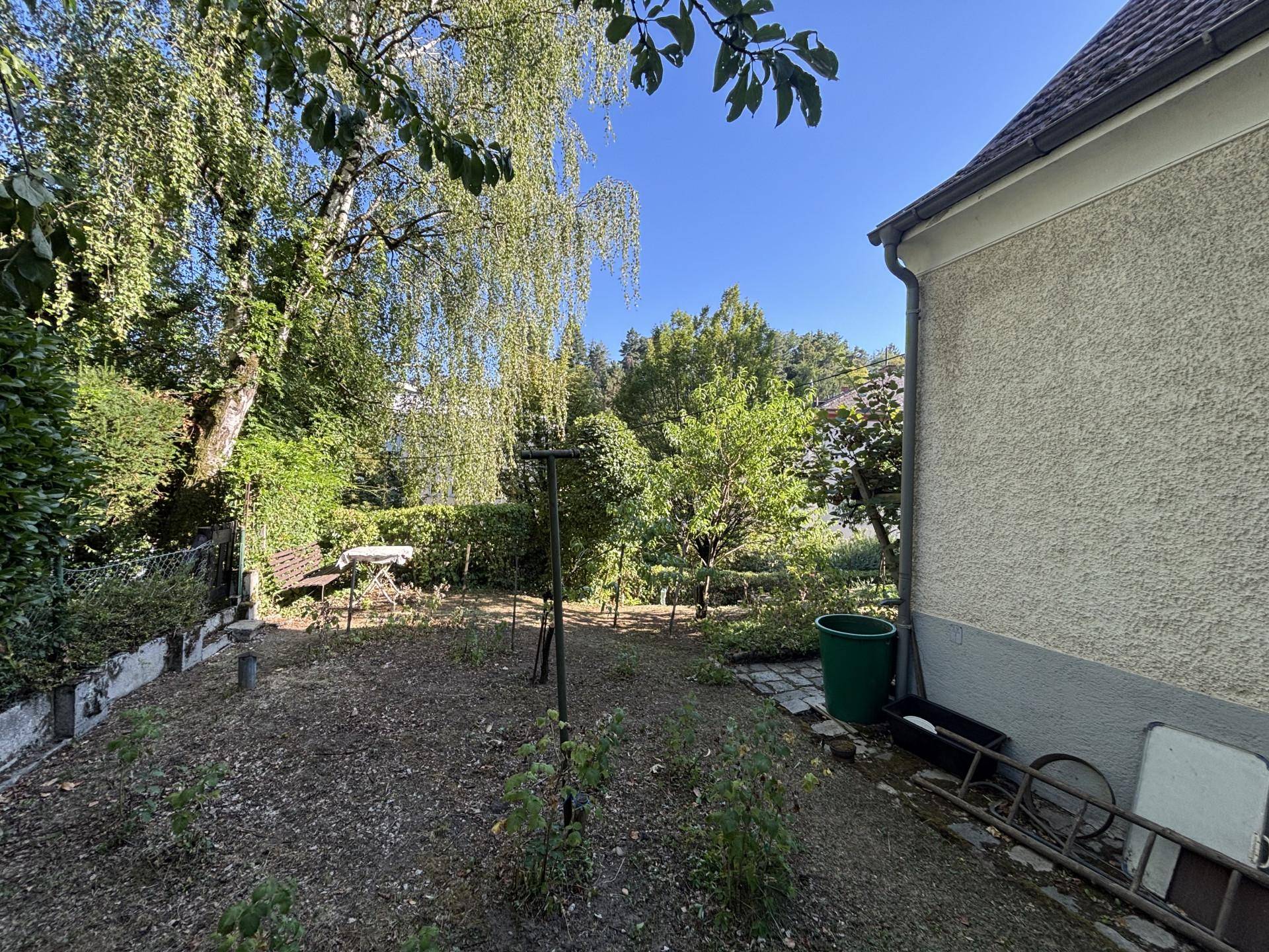 Großer Gartenbereich mit Rasenfläche, Bäumen und einer kleinen Sitzecke im Grünen.