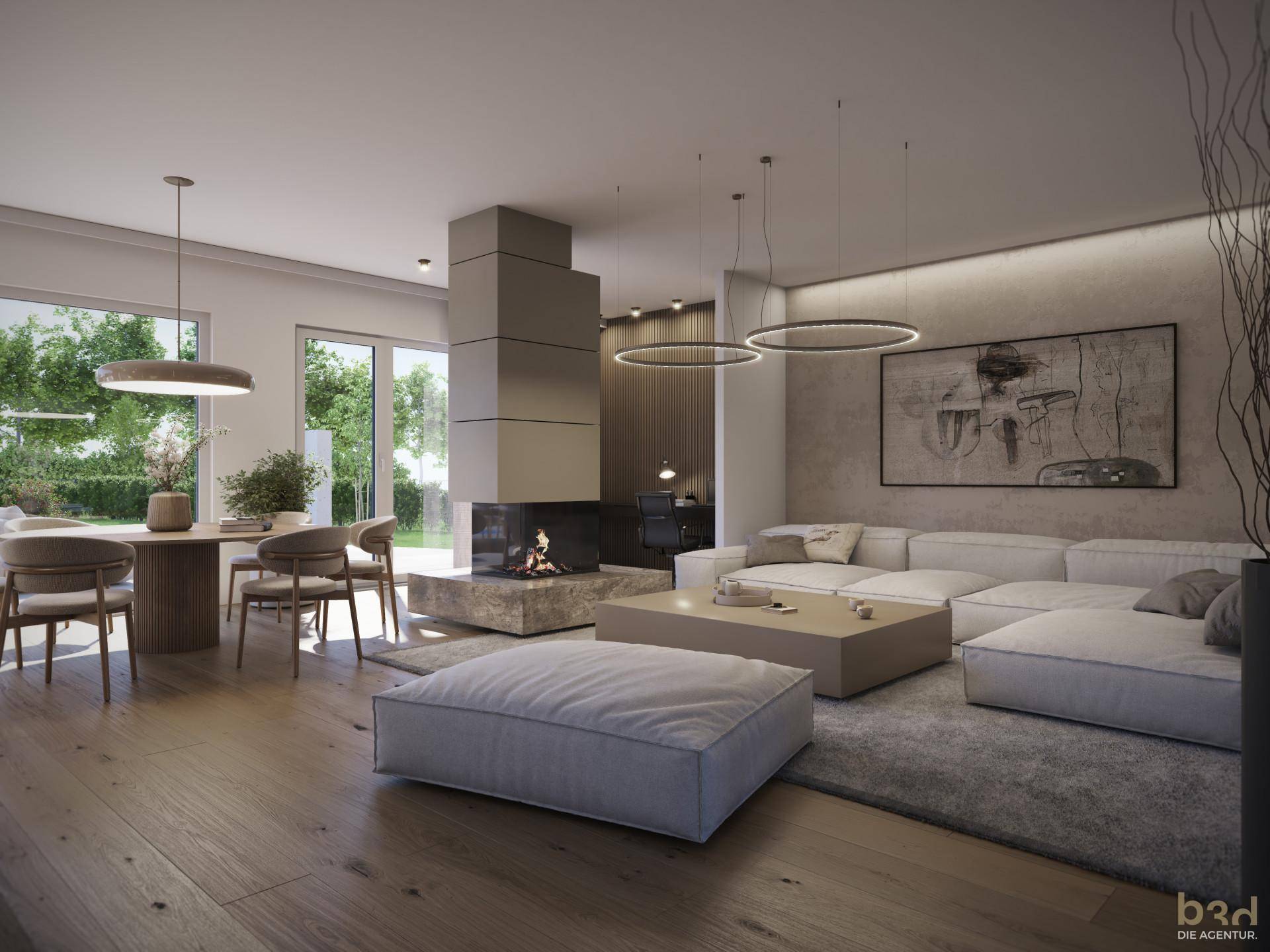 Offener Wohn- und Essbereich mit modernem Kamin, großem Sofa und elegantem Holzboden.