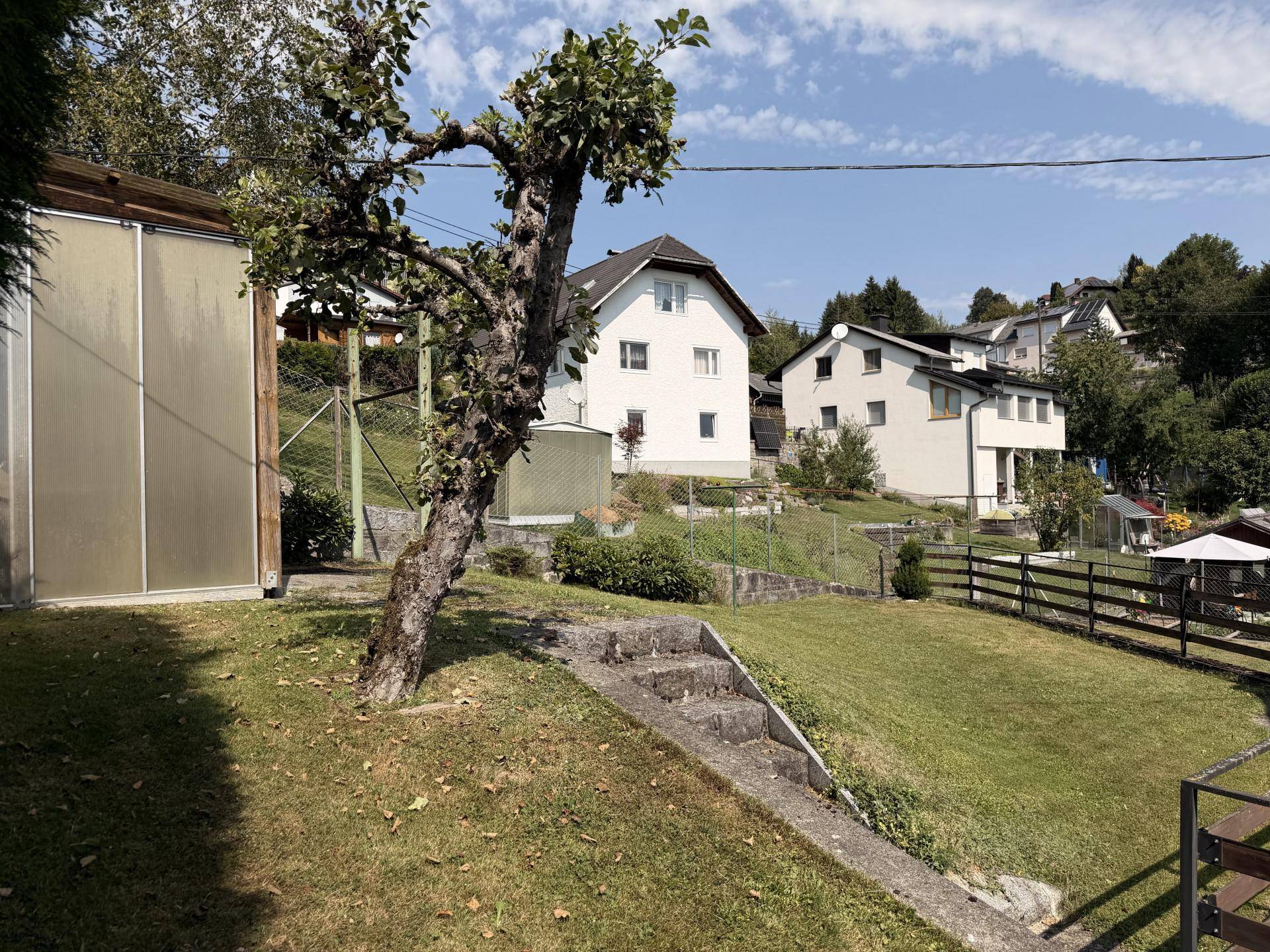Grüner Gartenbereich mit einem Obstbaum und Rasenfläche, umgeben von einer ländlichen Umgebung.