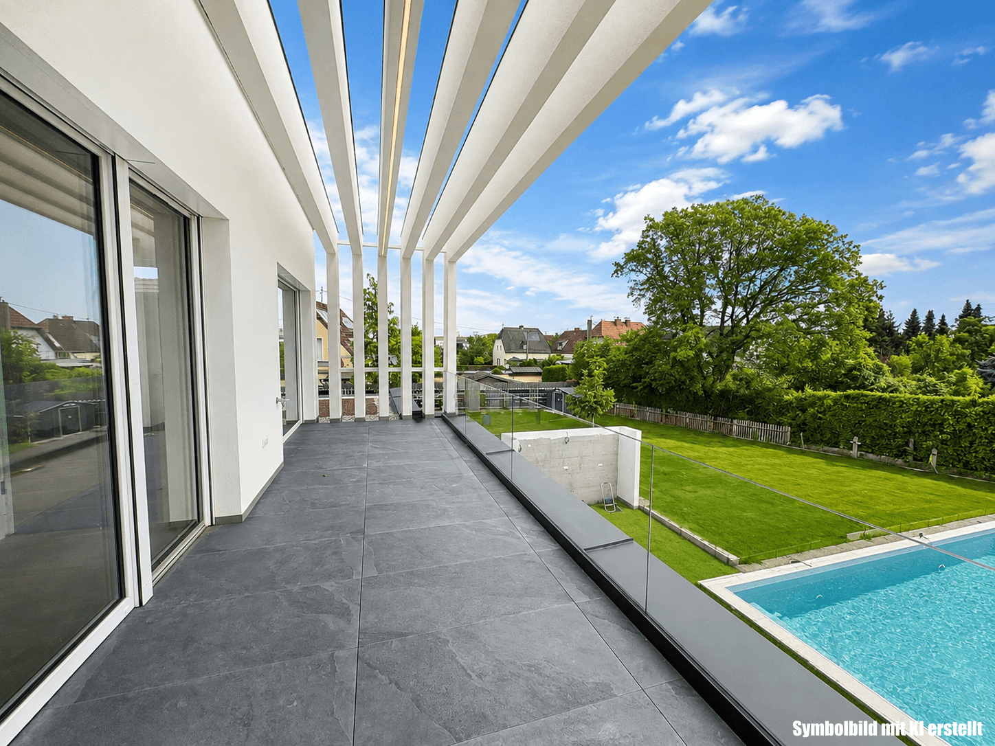 Geräumiger Balkon mit dunklen Fliesen, Glasgeländer und Blick auf den Garten mit Pool.