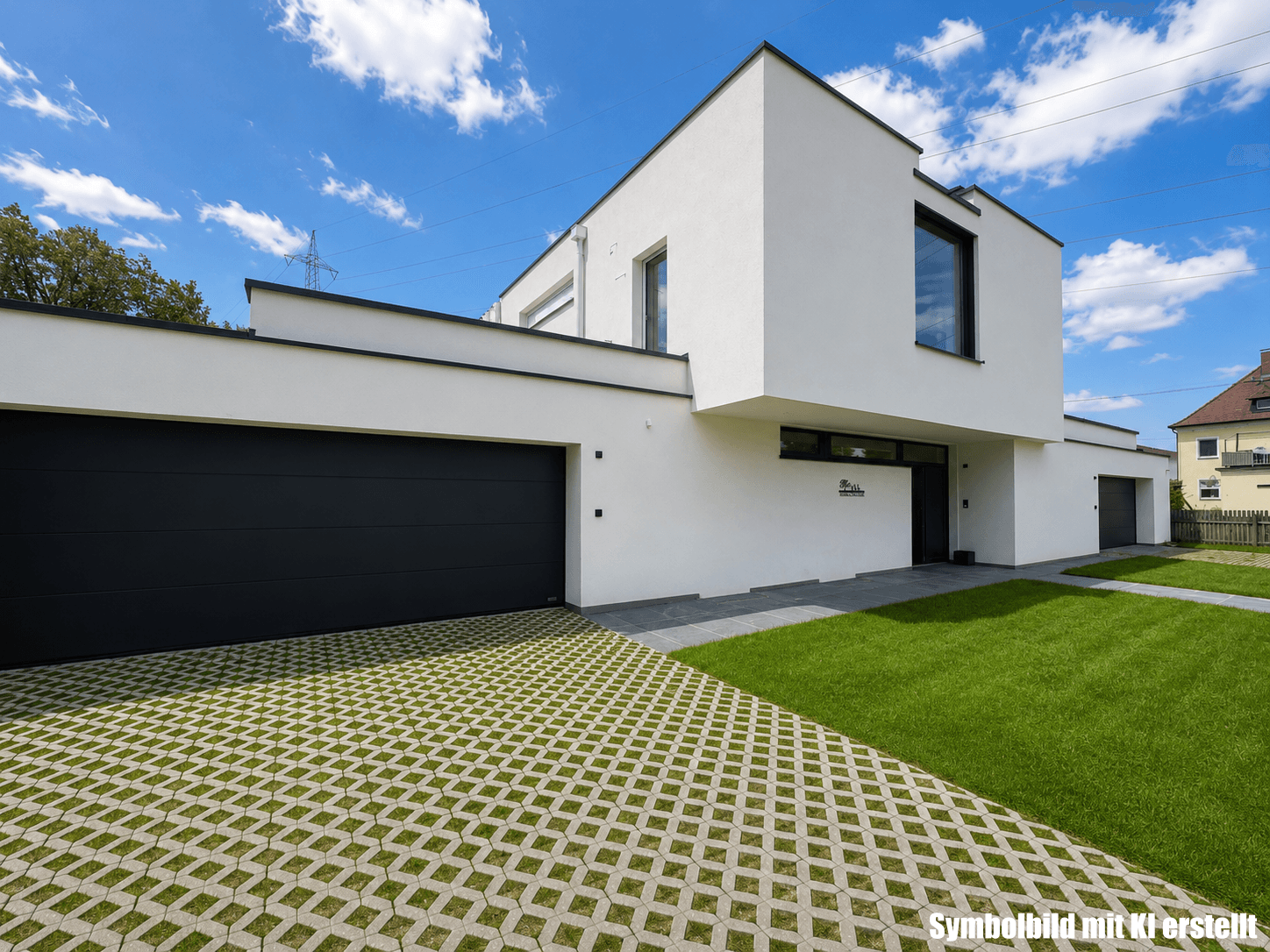 Moderne weiße Villa mit großer Doppelgarage und gepflasterter Einfahrt, umgeben von Grünflächen.