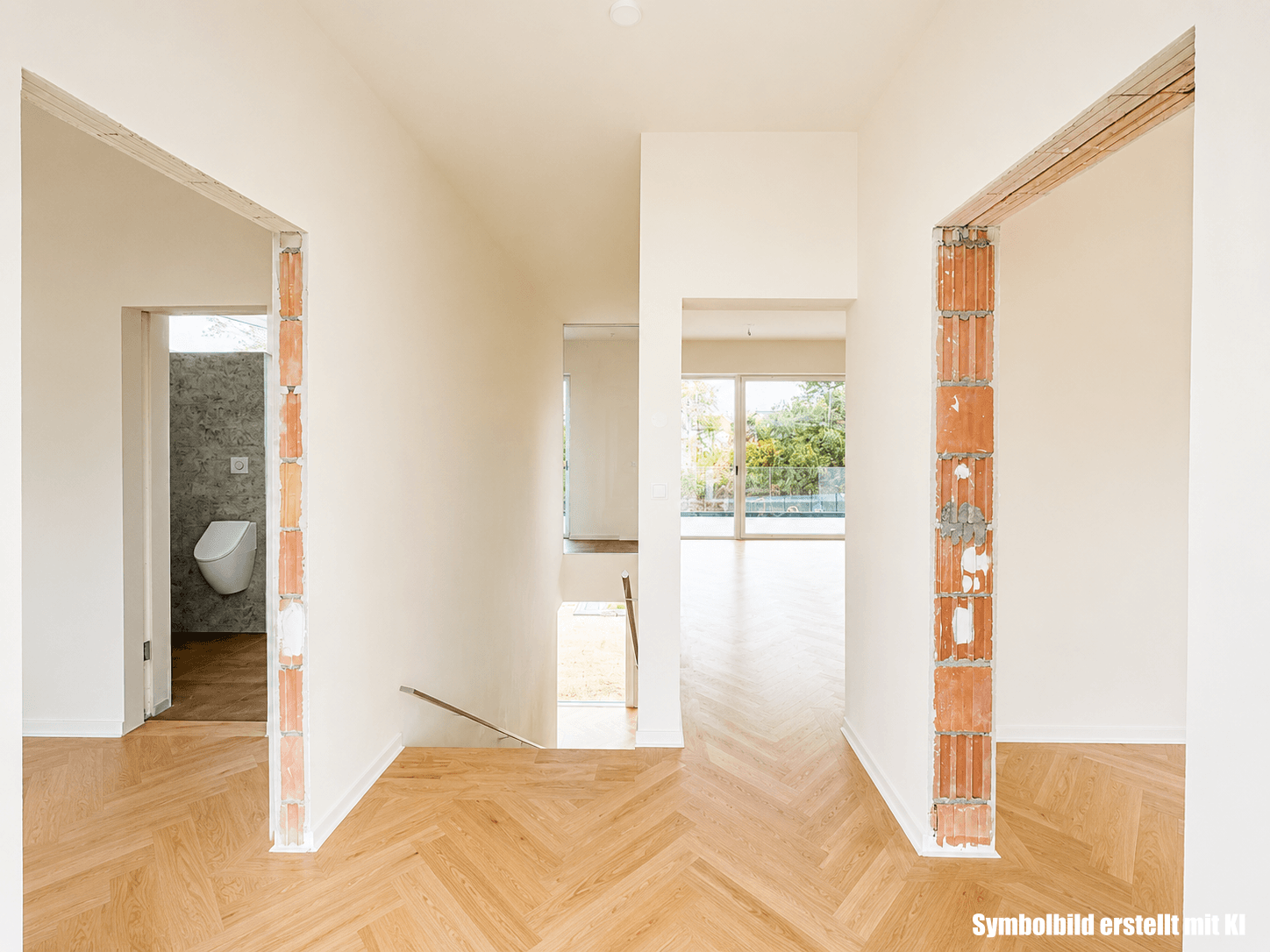 Heller Flur mit Fischgrätparkett und Blick in angrenzende Räume, darunter ein Badezimmer im Bau.
