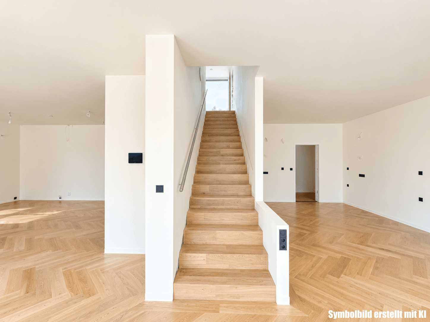 Geräumiger Flur mit Holztreppe und Fischgrätparkett, der die verschiedenen Ebenen des Hauses verbindet.
