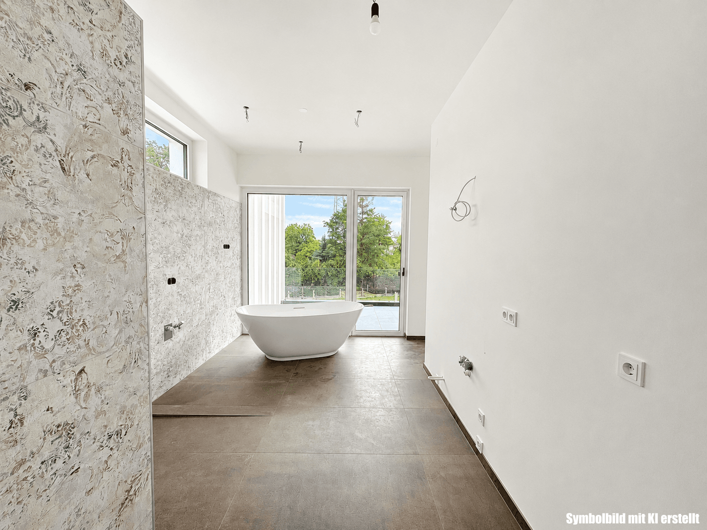 Modernes Badezimmer im Bau mit freistehender Badewanne, großen Fliesen und Fenster für Tageslicht.