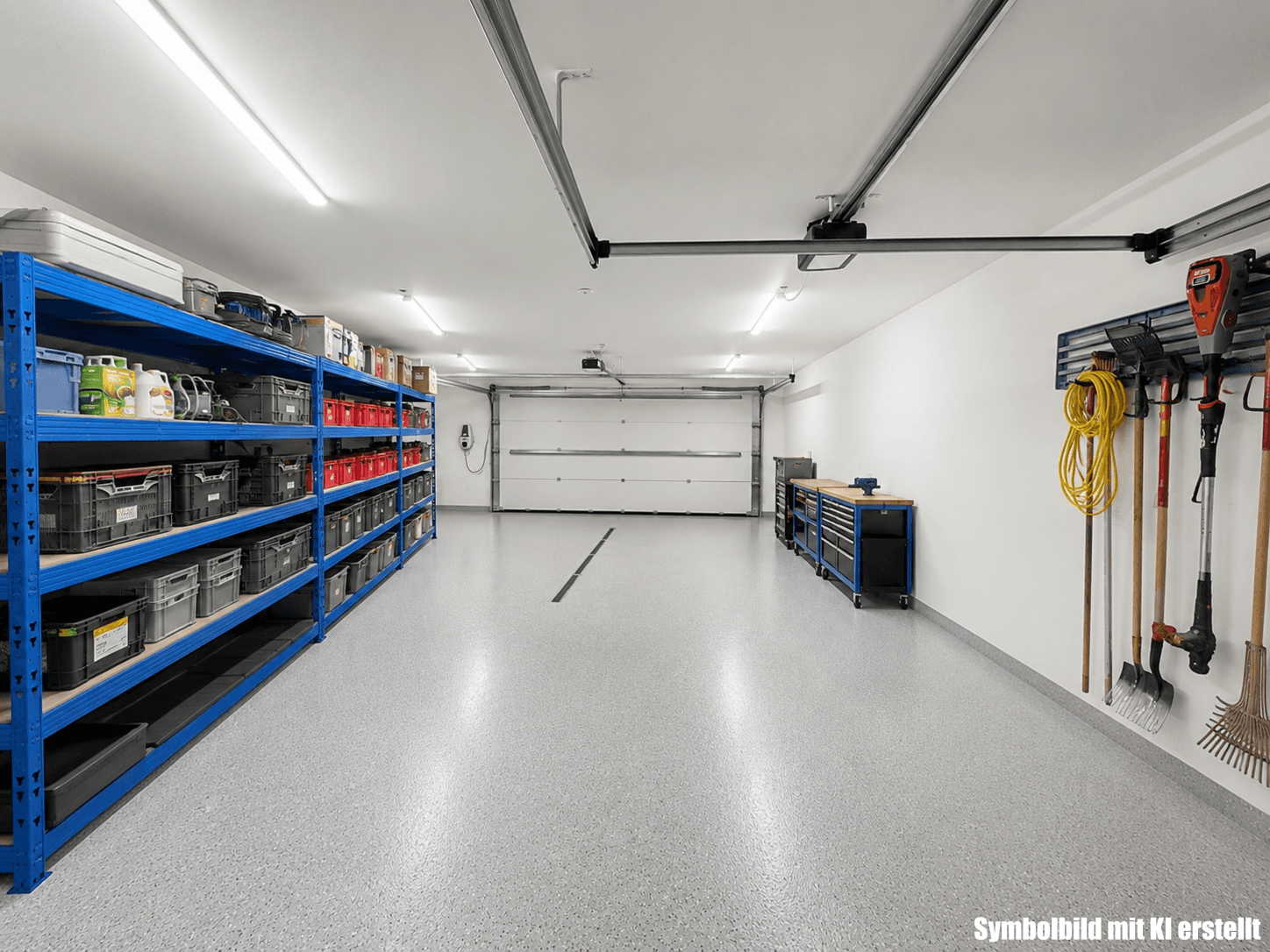Geräumige Garage mit praktischen Regalen und Werkzeugen, ideal für Lagerung und Hobbyarbeiten.