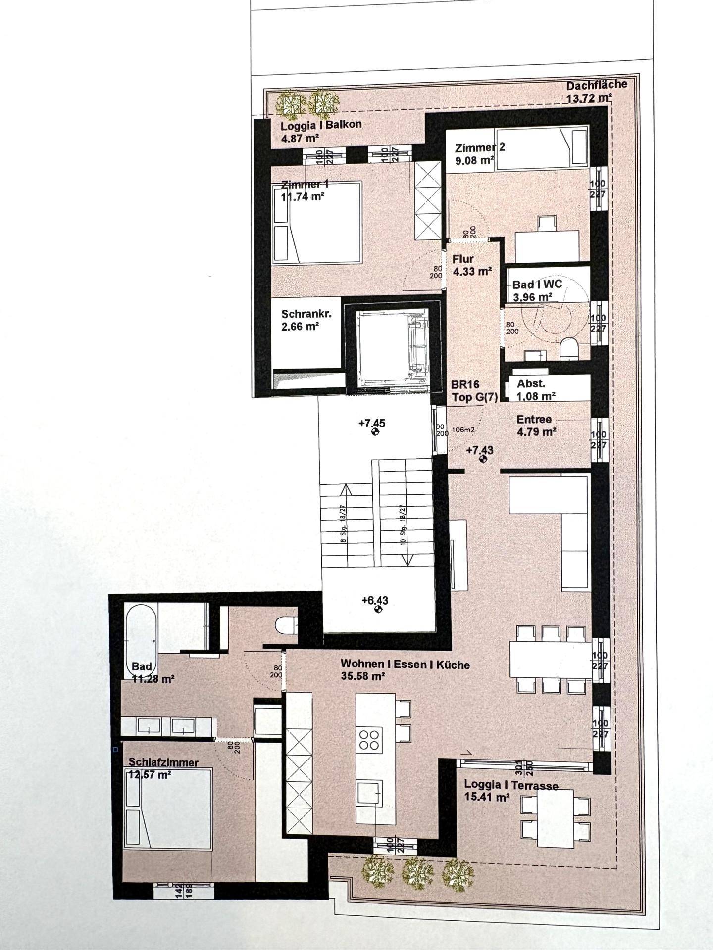 Grundriss einer Wohnung mit offenem Wohn-Essbereich, zwei Bädern, Balkon und großer Terrasse.