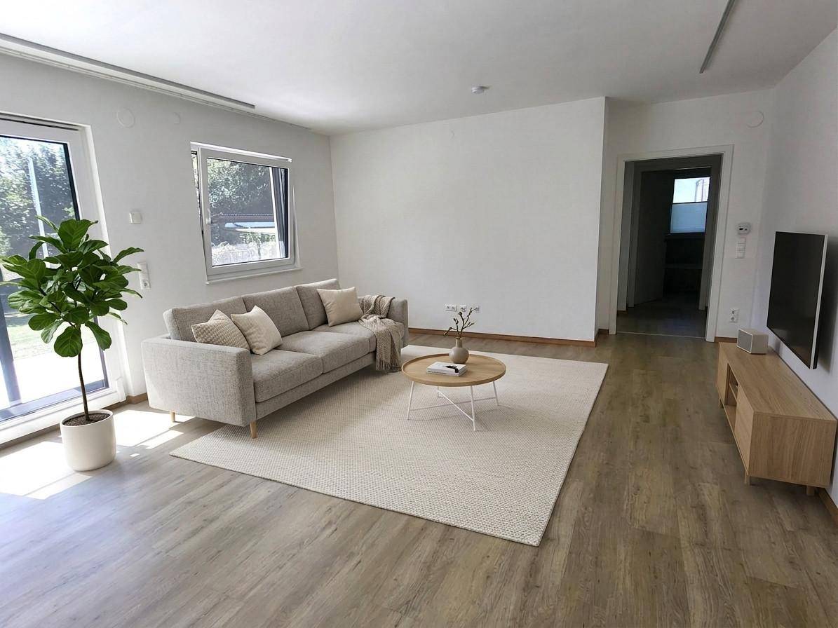 Helles Wohnzimmer mit modernem Sofa, Holzboden und Zugang zur Terrasse durch große Fenster.