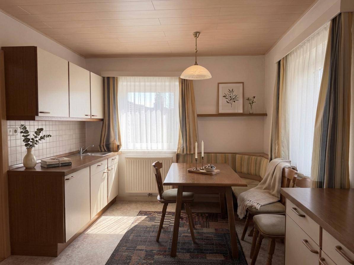Gemütliche Küche mit Essbereich, Holzdecke, weißen Schränken und einem Fenster mit Blick ins Grüne.