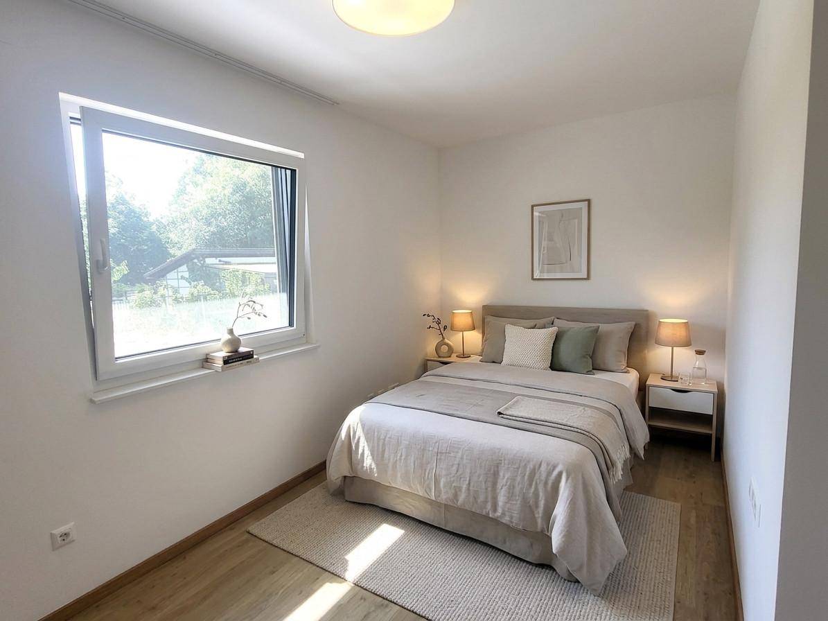 Gemütliches Schlafzimmer mit Doppelbett, Nachttischen und einem Fenster für natürliches Licht.
