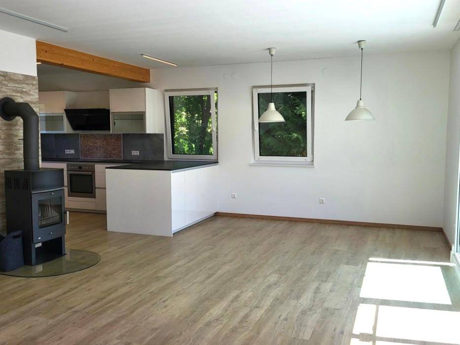 Offener Wohnbereich mit modernem Holzofen, integrierter Küche und viel Tageslicht.