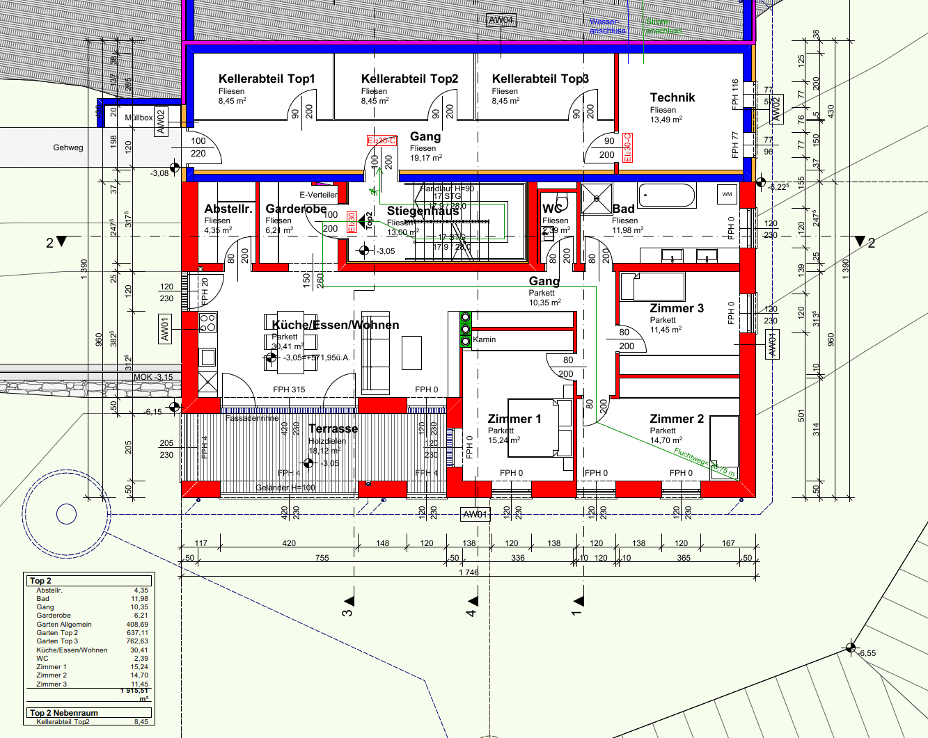Detaillierter Grundriss einer Wohnung mit drei Zimmern, Terrasse und Kellerabteilen.