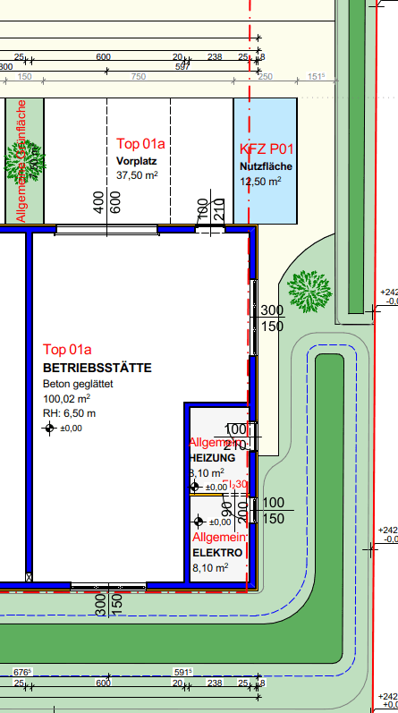Detaillierter Grundriss einer Betriebsstätte mit Vorplatz und zugewiesenem Parkplatz.
