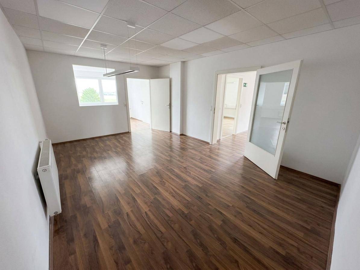 Heller Büroraum mit dunklem Laminatboden, weißen Wänden und einer Tür, die zu einem weiteren Raum führt.