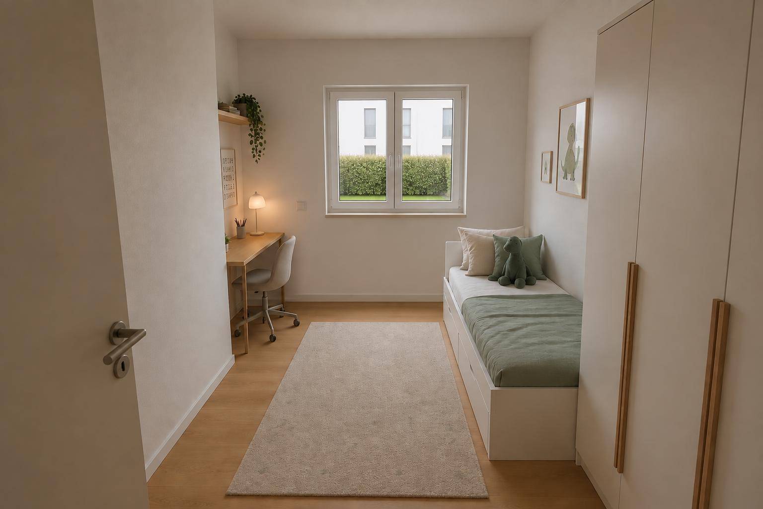 Kinderzimmer mit Schreibtisch, Einzelbett und Blick auf eine grüne Hecke.
