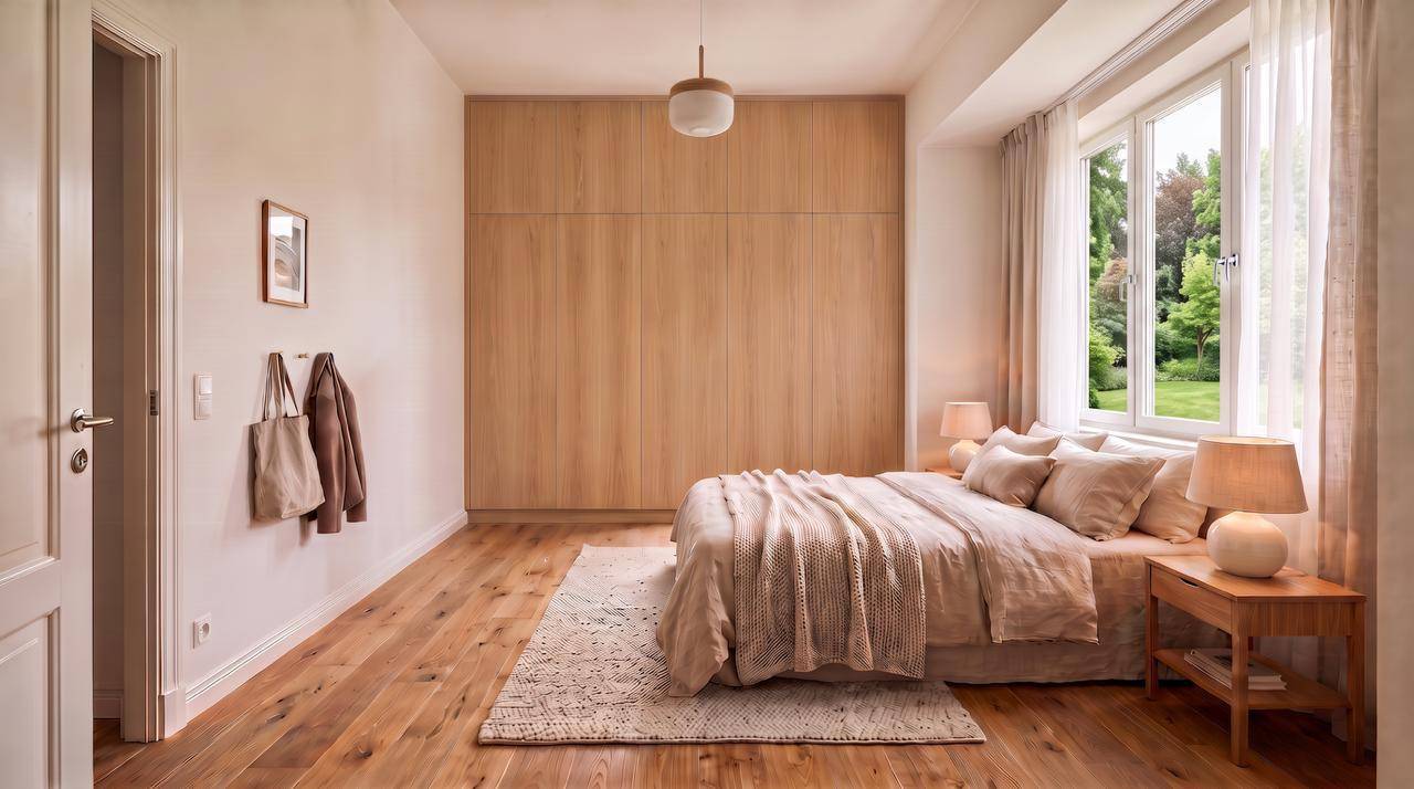 Helles Schlafzimmer mit Holzboden, Einbauschränken und Blick ins Grüne.