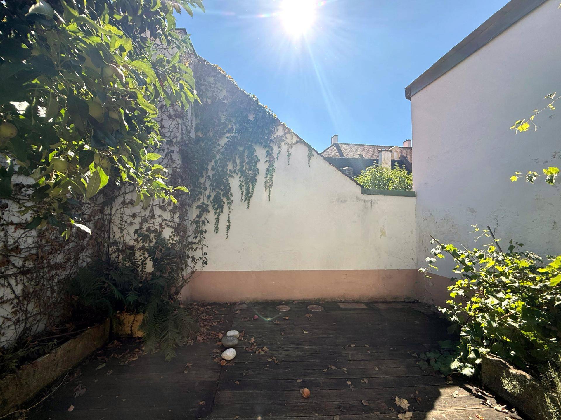Kleine, sonnige Terrasse mit Holzboden und bewachsenen Wänden, ideal zum Entspannen.