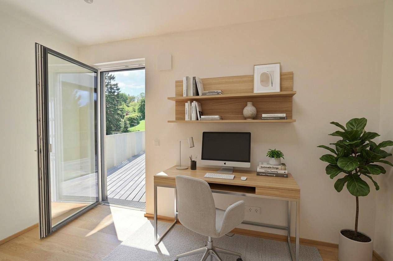 Modern eingerichtetes Arbeitszimmer mit Holzboden und Balkonzugang, ideal für Home-Office.