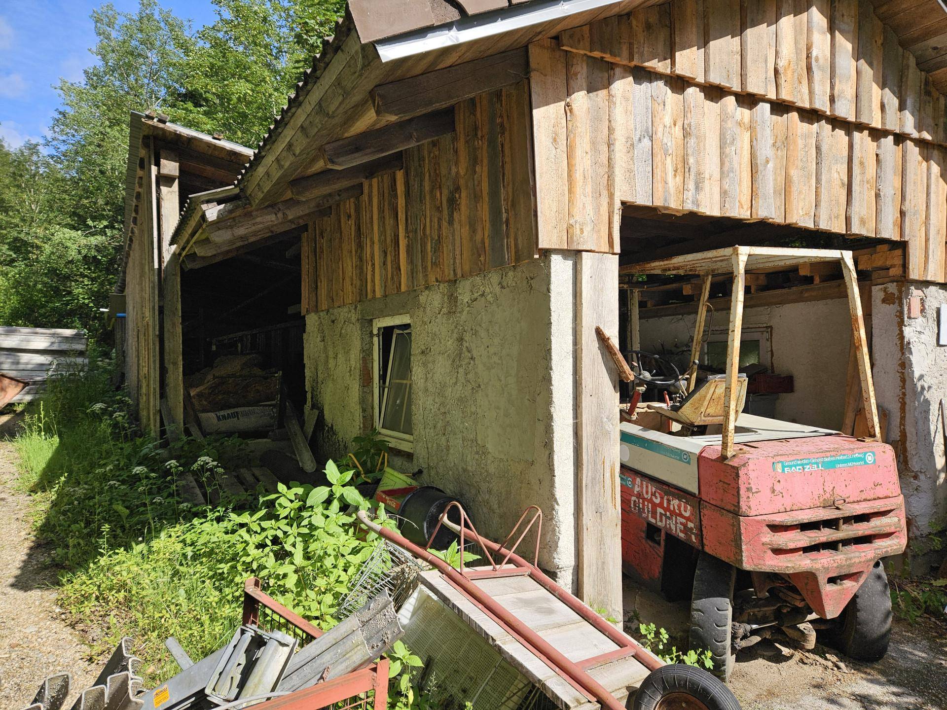 Rustikaler Holzschuppen mit einem Fahrzeug und verschiedenen Geräten, umgeben von Vegetation.